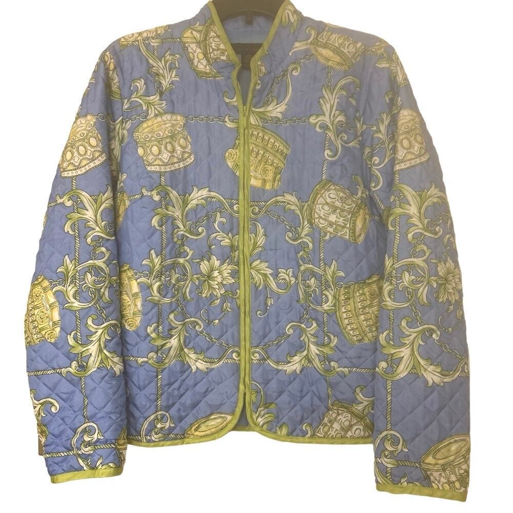 SILKLAND 100% Silk Blue & Green Full Zip Quilted Jacket Size Large
